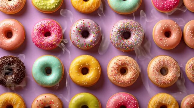 A vibrant and colorful assortment of freshly baked donuts, each adorned with unique pastel frosting and sprinkles, creating an enticing and visually appealing sweet treat pattern