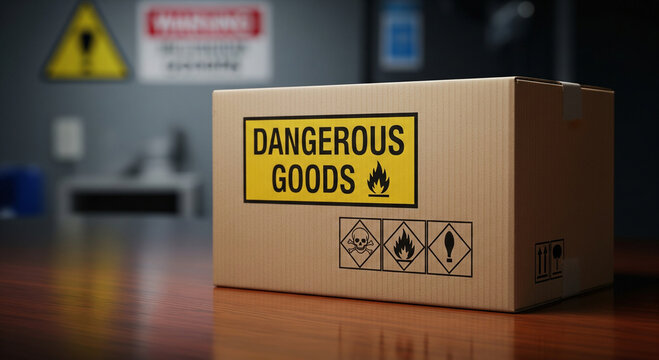 Cardboard box labeled 'DANGEROUS GOODS' with hazard symbols, ready for shipping in a warehouse.