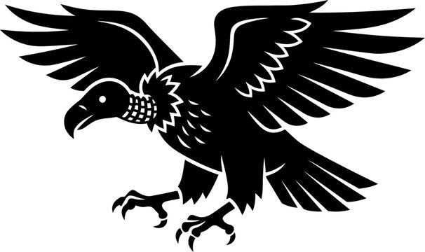 Vulture or condor bird in black and white style with spread wings in attack or landing pose concept vector illustration