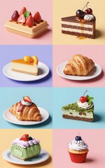 Delicious pastries: waffles, cakes, croissants, rolls, tarts in vibrant colors and textures.