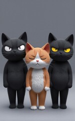 Fototapeta premium Three cats: two black, one orange-white. Calm center cat between fierce rivals.