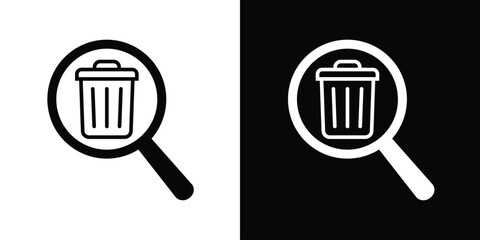 Vector illustration of a magnifying glass over a trash bin icon. Concept for search and delete, clearing cache, data recovery, or finding deleted files in black and white styles. © bibin