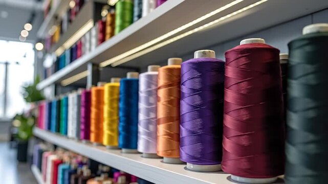Colorful spools of thread neatly arranged on shelves in a well-lit sewing supply store.