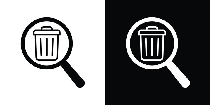 Vector illustration of a magnifying glass over a trash bin icon. Concept for search and delete, clearing cache, data recovery, or finding deleted files in black and white styles.