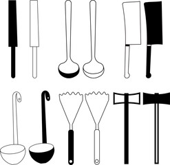 Professional tool set featuring black silhouettes of kitchen knives, dental equipment, and steel medical instruments on a white background
