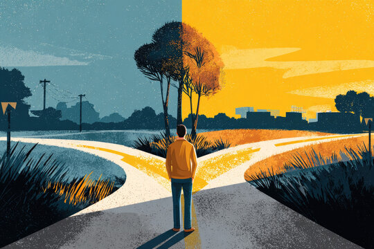 Go left or right. a man standing on the road thinking about choices, turning point, future 