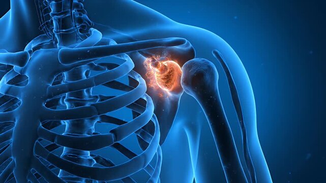 3D Bone Structure with Tumor Highlighted in Orange on Shoulder Area in Blue Background with