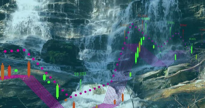 Waterfall cascading over jagged rock tiers with floating candlestick bars grid and data points