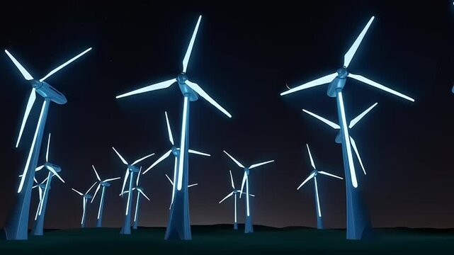 Wind Turbines Rotating at Night Time.