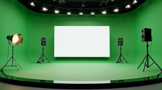 Green screen studio setup with projector screen and stage