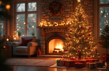Cozy living room with lit christmas tree presents underneath. Fireplace with glowing embers visible. Warm festive atmosphere with window lights create holiday mood. Perfect family winter celebration