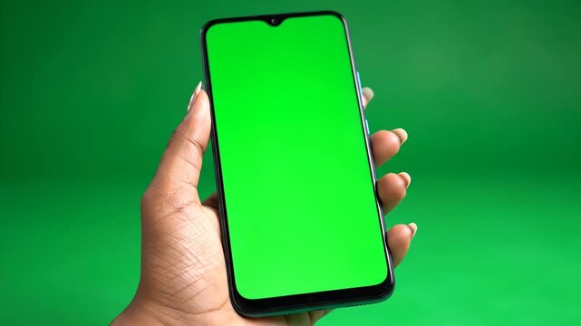 Hand holding smartphone with green screen for content insertion and keying
