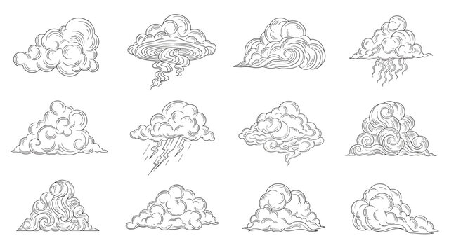 Weather forecast icons featuring different types of clouds with rain lightning and wind in a classic line art style.