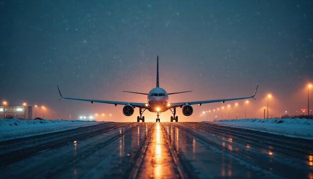 Airplane prepares for takeoff on wet snowy runway at dusk. Landing lights illuminate icy ground. Snowfall continues, creating atmospheric winter travel scene.