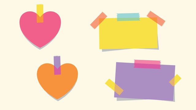 Colorful heart shaped and rectangular paper notes held with adhesive tape for organizing reminders and messages.