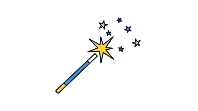 Magic wand icon with a star on top surrounded by sparkling celestial glitters for fantasy and wizardry concepts.