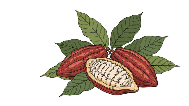Cacao fruit pods and cocoa beans with leaves illustrated in a vintage style for natural chocolate and baking themes.
