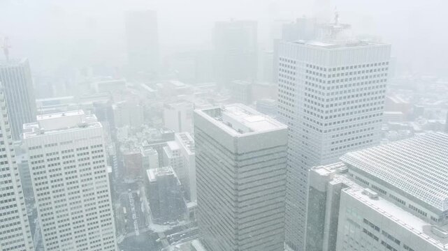東京都庁展望台からの眺め。雪が降る東京。