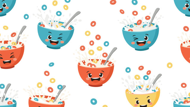 Seamless pattern of happy cereal bowls in various colors with milk splashes and ring cereals against a white background.
