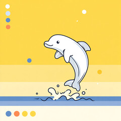 A minimalist, flat-style illustration of a cute blue dolphin jumping. The design features simple lines and colorful floating dots against a vibrant yellow and blue gradient background.