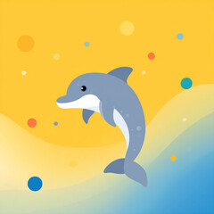 A minimalist, flat-style illustration of a cute blue dolphin jumping. The design features simple lines and colorful floating dots against a vibrant yellow and blue gradient background.