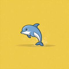 A minimalist, flat-style illustration of a cute blue dolphin jumping. The design features simple lines and colorful floating dots against a vibrant yellow and blue gradient background.