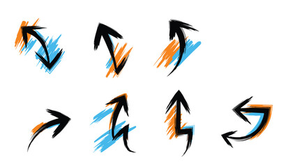 Fototapeta premium Collection of abstract hand drawn arrows with colorful brush stroke accents in orange and blue for dynamic design projects.