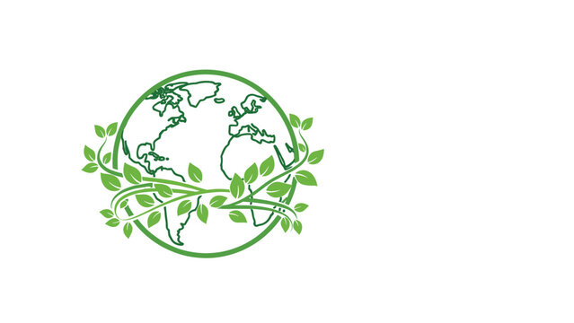 Green globe illustration surrounded by leafy vines representing environmental conservation and ecological sustainability.