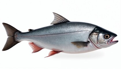 Obraz premium Whole light gray salmon fish with open mouth isolated on white background studio shot. Realistic aquatic creature with fins and scales, ready for culinary use.