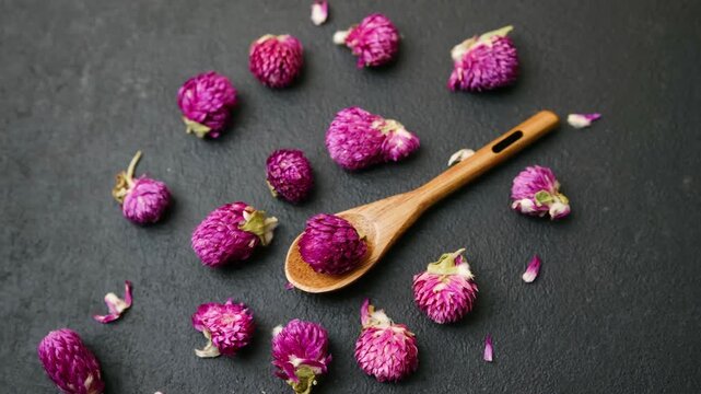Pink globe amaranth flowers scattered with a wooden spoon on a dark textured surface.