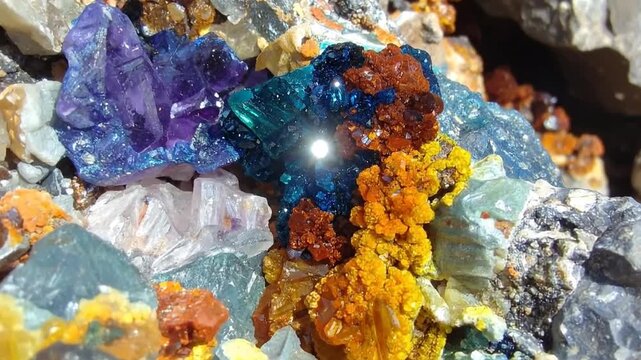 Close-up of a collection of colorful mineral crystals, showcasing vibrant textures and geological beauty.