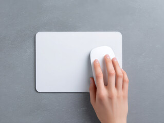 White computer mouse on blank mousepad with hand on gray textured surface, minimal workspace concept