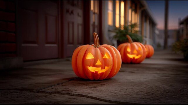 Glowing jack o lanterns with carved faces line dark outdoor pathway at dusk, creating festive spooky Halloween atmosphere with warm orange light inside each pumpkin along pathway