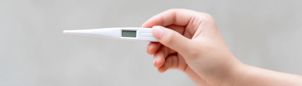 Digital thermometer held by hand with blank screen for temperature measurement, medical tool for health check and care