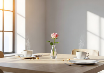 Obraz premium Cozy breakfast table with rose and steaming coffee cups
