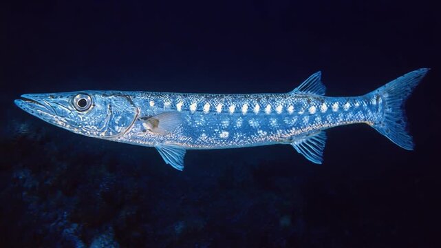 A sleek, spotted fish swims through dark blue water, showcasing its fins and eye
