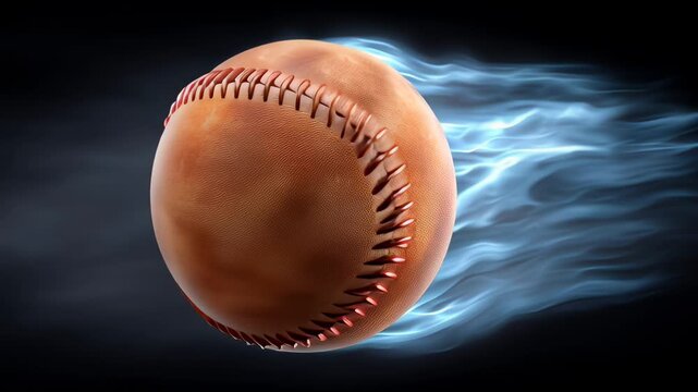 Baseball flying with flame trail on black background showcasing dynamic motion energy closeup featuring leather texture speed effect fast movement sport action competition outdoor recreation
