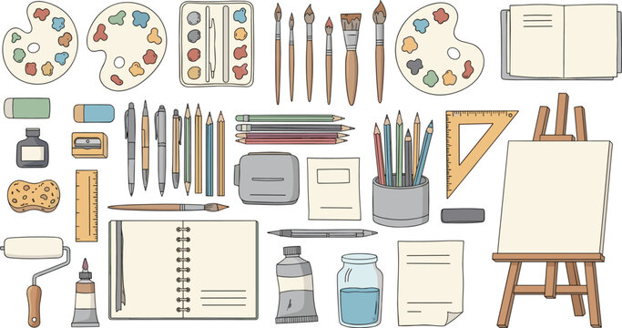 Art supplies and drawing tools set with watercolor palette, brushes, pencils, sketchbook and easel