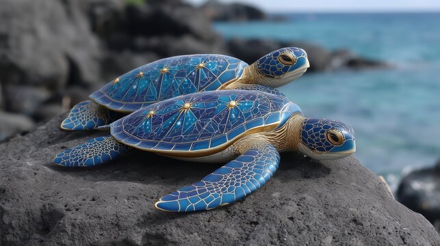 Two ornate blue sea turtles with golden patterns resting on a dark volcanic rock by the ocean