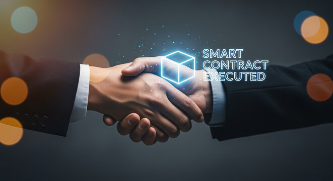 Business handshake with glowing smart contract executed digital text.