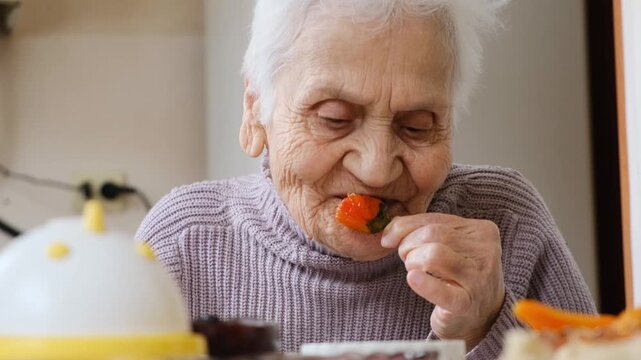 Elderly woman with wrinkled face and gray hair bites a piece of pickled red pepper holding the vegetable with fingers during lunch. Elderly care, dignified aging, and pension income concept.