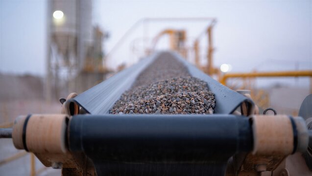 A conveyor belt loaded with gravel moves through a construction site during twilight. Industrial machinery in action.