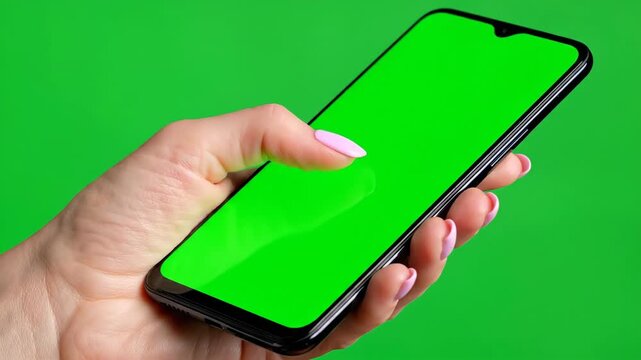 Hand using mobile phone with chroma key screen for media insertion