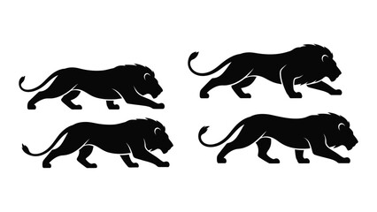 Four black silhouettes of lions in various dynamic poses on a white background isolated on white background, Vector