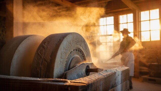 A large grinding stone in a traditional mill surrounded by dust and sunlight. Rustic craftsmanship and historical milling process.