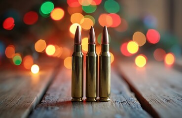 Obraz premium Three rifle bullets stand upright on a wooden surface. Colorful blurred lights form a festive background. Image suggests holiday season and potential conflict or danger.