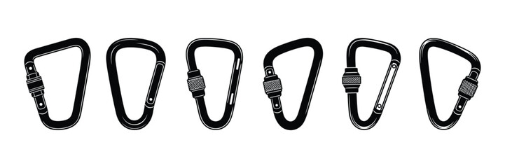 Set of vector carabiners for climbing and safety equipment black silhouettes