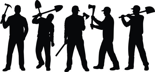 Construction workers silhouette set holding tools shovel axe hammer industrial labor black vector illustration isolated © Tanjimul