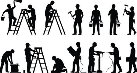 Construction and painting workers silhouette set with ladders tools repair industrial labor black vector illustration