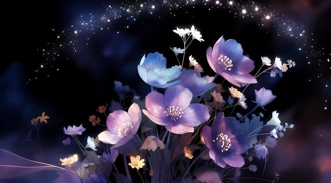Ethereal floral arrangement with luminous flowers and celestial starbursts against black background